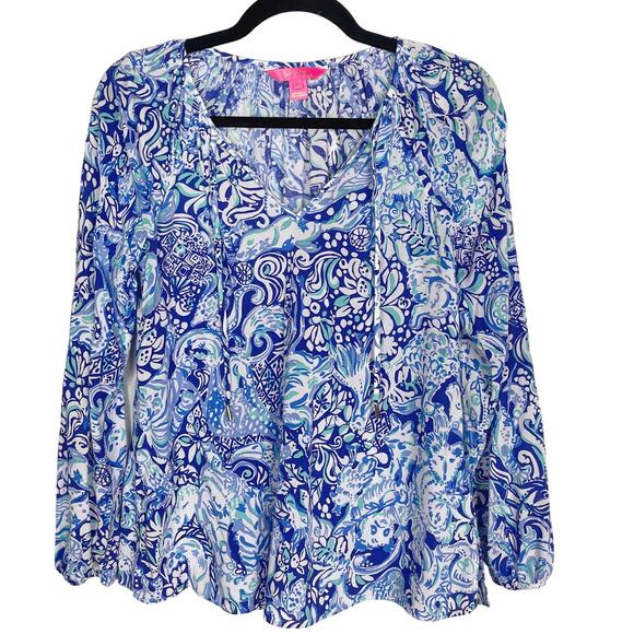 Lilly Pulitzer XSmall Blue Willa Top Royal Purple 60 Animals Tie V Neck Blouse - Picture 1 of 11